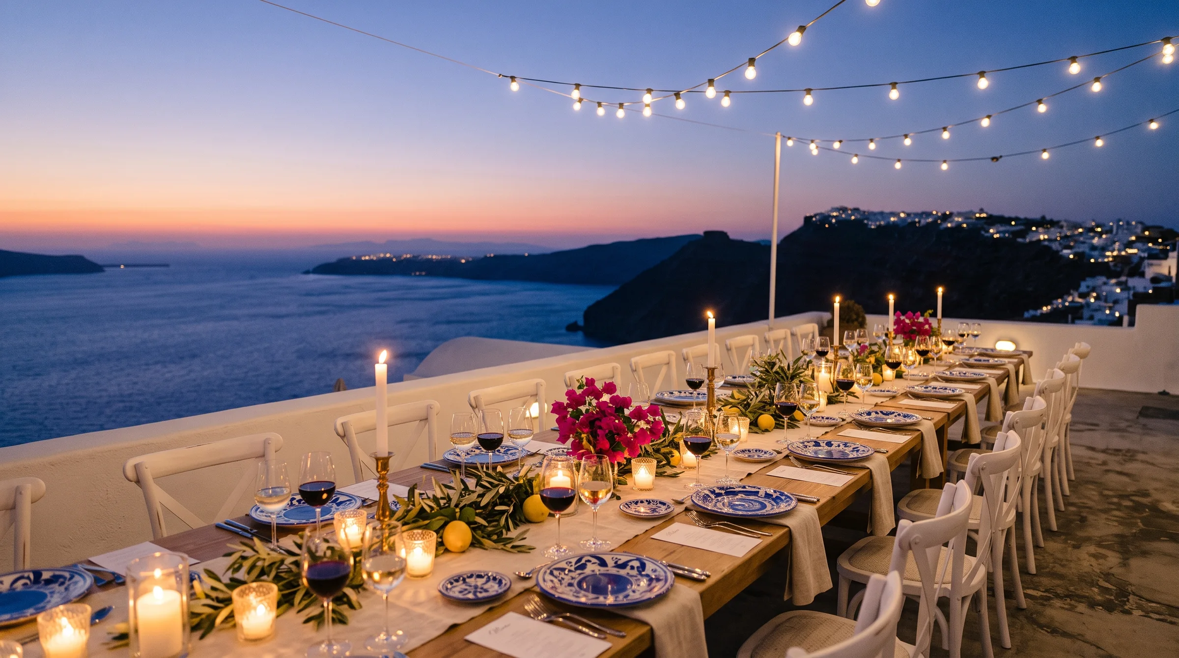 Mesa comprida de jantar com velas num terraço sobre a caldeira de Santorini